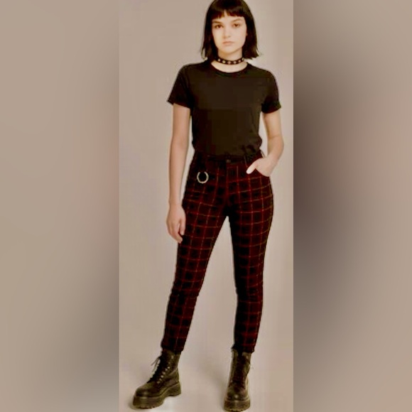 Hot Topic Pants Women Large Red Black Plaid Mixed Pattern Mall‎ Goth Punk Emo - Picture 1 of 12